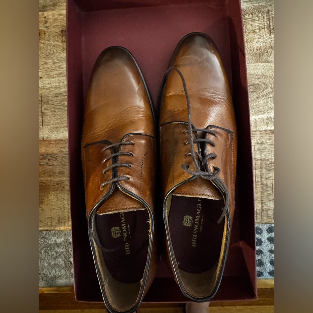 Bruno Magli Men's Salerno brown Cognac Leather Oxfords lace up dress shoes EUC 7